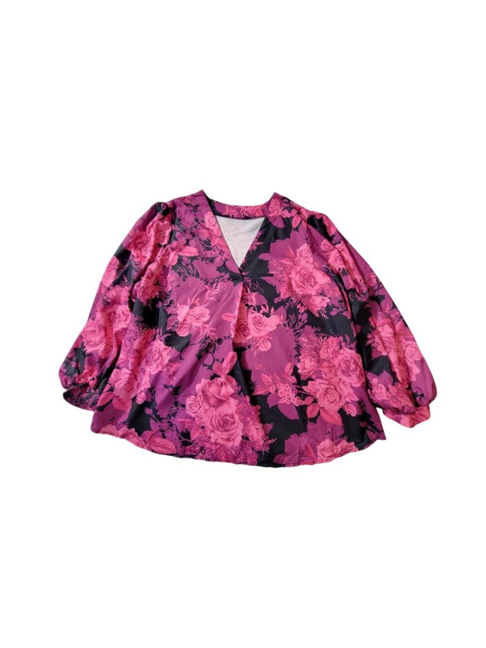 Shein Curve Womens 2XL Pink & Black Floral V-Neck Long Sleeve Blouse Polyester